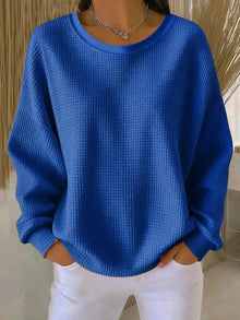 Amelie | Damen Waffelstrick Oversized Rundhals Langarm Pullover – Blau