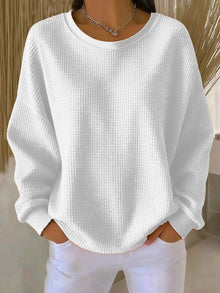 Amelie | Damen Waffelstrick Oversized Rundhals Langarm Pullover – Weiß