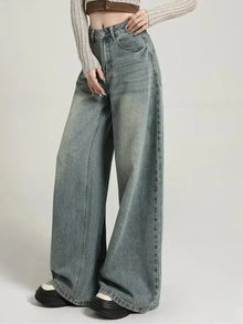 Weite Damenjeans im Washed-Look mit hoher Taille – Grau
