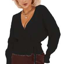 Damen Wickelstrickpullover mit V-Ausschnitt und Bindegürtel – Schwarz