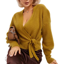 Damen Wickelstrickpullover mit V-Ausschnitt und Bindegürtel – Kamel