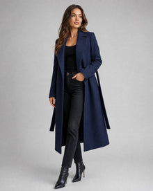 Hannah | Damen Wollmix Trench Coat Langer Gürtelmantel mit Reverskragen – Marine