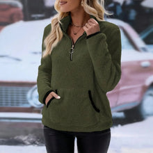 Damen Zipper Pullover mit praktischem Kängurutasche – Olivgrün