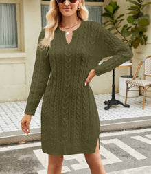 Damen Herbst Strickkleid mit Zopfmuster und V Ausschnitt – Grüne Matcha
