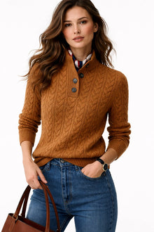 Charlotte | Damen Zopfstrick Wollmix Sweater mit Knopfkragen – Braun