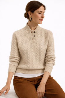 Charlotte | Damen Zopfstrick Wollmix Sweater mit Knopfkragen – Khaki