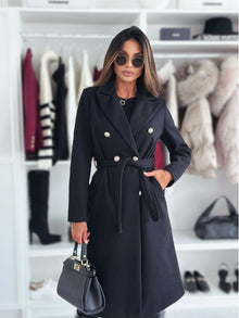 Damen zweireihiger Trenchcoat mit Bindegürtel – Schwarz