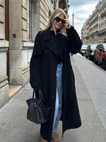 Damen zweireihiger Trenchcoat mit Gürtel – Schwarz