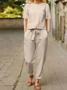Damen Zweiteiler Set mit elastischem Bund und langen Ärmeln – Khaki