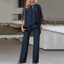 Emilia | Damen Zweiteiler Wide Leg Pants Layered Chiffon Oberteil – Marineblau