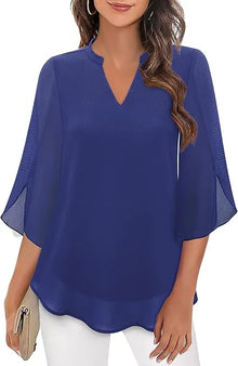 Damenbluse mit Flatterärmeln und V-Ausschnitt – Blau