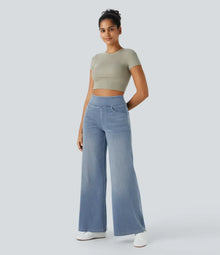 Damenhose mit hohem elastischem Bund und weitem Bein – Hellblau