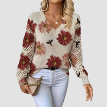 Damenpullover mit Blumenmuster und Häkel-Details – Rot