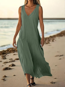 Brina - Elegantes Ärmelloses Maxikleid Mit V-ausschnitt – Olivgrün