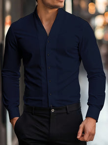 Almasbek - Langärmliges Hemd Mit V-Ausschnitt in Slim Fit Passform – Dunkelblau