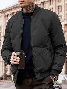Warmer Baseballkragen Reißverschluss Solides Fleece Mit Taschen Winterjacke Für Herren | Perfekt für Outdoor-Aktivitäten – Schwarz