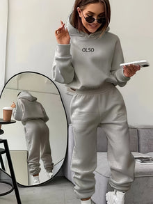 Lässiges Hoodie-Set Mit "Olso"-Print Und Jogginghose Mit Elastischem Bund Für Damen | Ideal für Outdoor-Aktivitäten – Grau