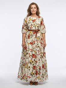 Odelia | Maxikleid mit Rundhalsausschnitt und drei Viertel Ärmeln, mit Gürtel – Floral