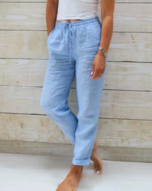 Leinenhose mit elastischem Bund und Kordelzug für Damen - Helga – Blau