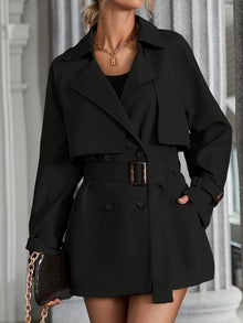 Eleganter Trenchcoat in schlichter Farbe mit gegürteten langen Ärmeln für Damen | Perfekt für jede Gelegenheit – Schwarz