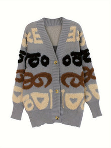 Stilvolle Buchstabenmuster Strickjacke Für Damen | Ideal für den Alltag – Grau