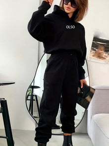 Lässiges Hoodie-Set Mit "Olso"-Print Und Jogginghose Mit Elastischem Bund Für Damen | Ideal für Outdoor-Aktivitäten – Schwarz