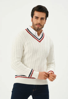 Kace | Weißer V-Ausschnitt Kabel Gestrickter Streifenpullover – Weiß