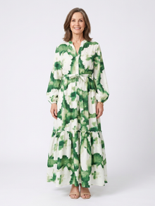Sabine | Langärmliges Maxikleid mit Taillenknoten und Stufenrock – Floral