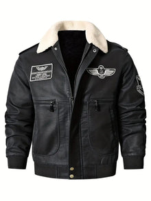 Stylische Vegane Lederjacke im Flugzeug-Stil mit Fleecekragen für Herren | Ideal für den Winter – Schwarz