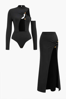 Nele | Elegantes Cut-Out-Zweiteiler-Set mit Maxi-Rock – Schwarz