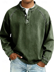 Amir | Retro-inspirierter Henley-Pullover mit Used-Look und langen Ärmeln – Dunkelgrün