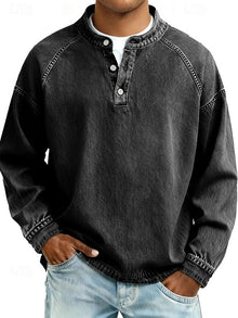 Amir | Retro-inspirierter Henley-Pullover mit Used-Look und langen Ärmeln – Schwarz