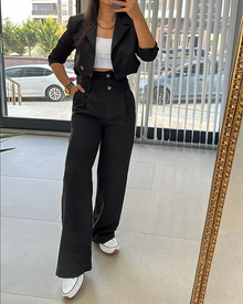 Eleganter Zweiteiliger Anzug mit Hochtaillenhose und raffinierter Jacke – Schwarz