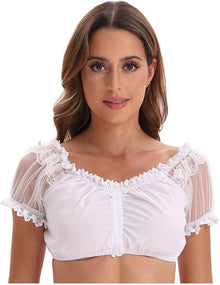 Damen Weiß Bluse Dirndl Oktoberfest | Kurzarm mit Spitze – Weiß