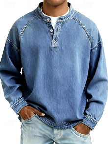 Amir | Retro-inspirierter Henley-Pullover mit Used-Look und langen Ärmeln – Hellblau