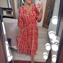 Lockeres Boho-Kleid mit V-Ausschnitt & grafischem Muster – Knöchellang – Rot