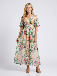 Eulalie | V-Ausschnitt Kurzarm Kleid mit geraffter Taille Midi – Floral