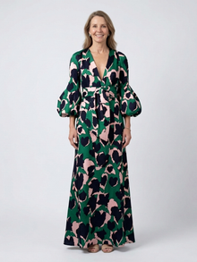 Isolde | V-Ausschnitt Bindegürtel Langarm Maxikleid – Dunkelgrün
