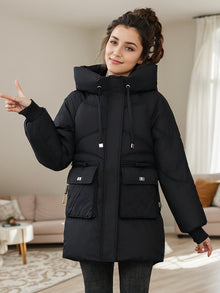 Damen Stylischer Mittellanger Puffer Mantel für Damen | Ideal für den Winter – Schwarz