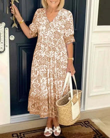 Palma | Elegantes V-Ausschnitt Blumenkleid – Khaki