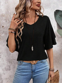 Ella | Halbarm-Bluse mit V-Ausschnitt – Schwarz