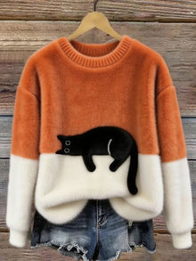 Aiste - Lässiger Pullover Mit Katzenmotiv – Orange