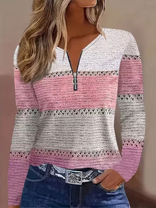 Ebru – Pullover MIT V-ausschnitt, Reißverschluss Und Geometrischem Muster – Rosa