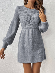 Casual Lochmuster Einfarbiges Strick Laternen Ärmel A-Linie Geraffte Taille Formelles Kleid Für Damen | Für formelle Anlässe – Dunkelgrau