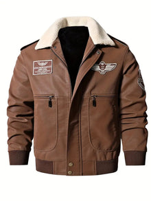 Stylische Vegane Lederjacke im Flugzeug-Stil mit Fleecekragen für Herren | Ideal für den Winter – Braun