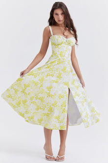Floraviva™ – Kleid Damen Hochzeitsgast mit Floral Print – Weißer und gelber Blumenstil