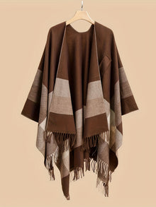 Kyrine - Poncho Schal Mit Fransen Und Geometrischem Muster – Dunkelbraun