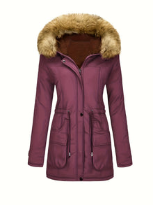 Damen Casual Fleece Parka Wintermantel mit Veganem Fell Kapuze für Damen | Ideal für den Winter – Marron