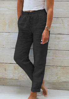 Leinenhose mit elastischem Bund und Kordelzug für Damen - Helga – Schwarz