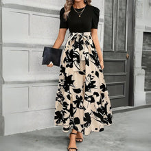Aria | Damen Maxi-Kleid Puffärmel Blumendruck Bindegürtel – Blumig Beige-Schwarz